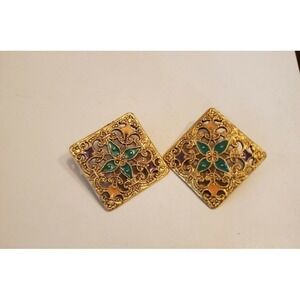Vintage Metal Enamel Green Gold Inlay 1.5" Square Earrings Pierced